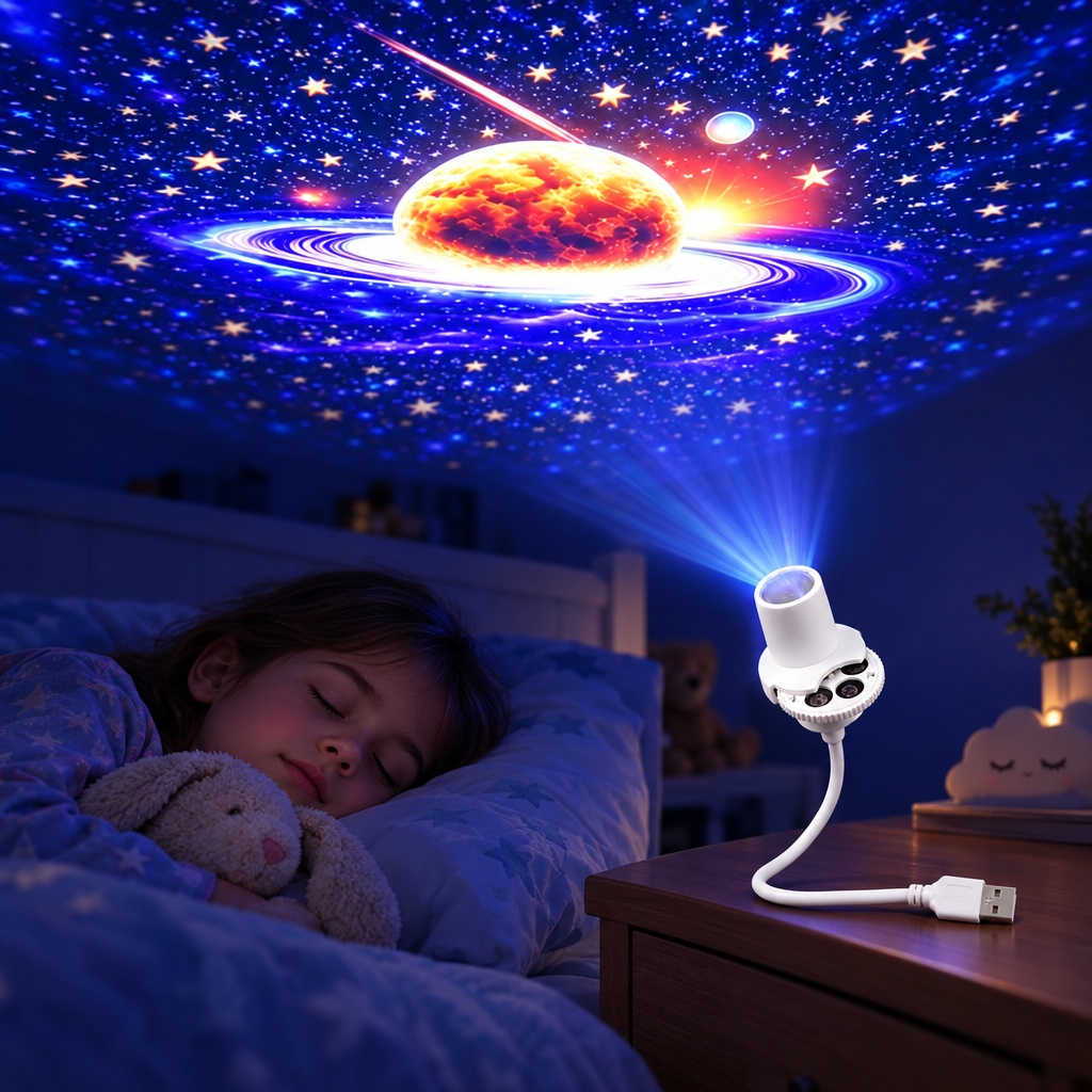 Moon and stars projector lighting up a child's bedroom ceiling