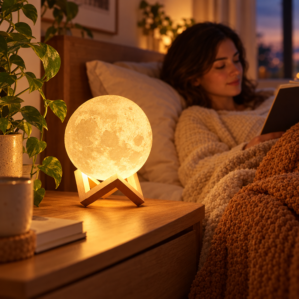 Moon lamp glowing on a bedside table in a cozy bedroom
