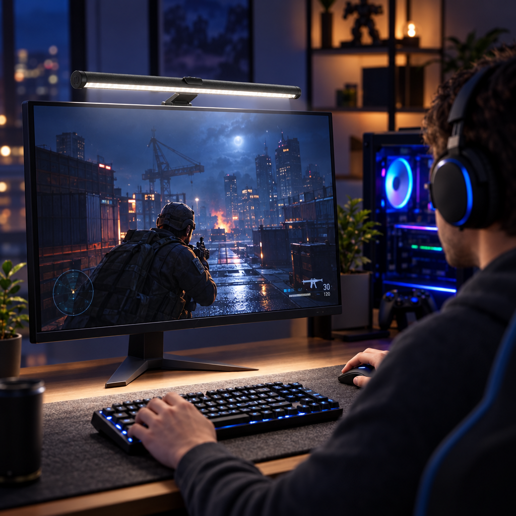 Monitor light bar on a gaming monitor in a gaming setup