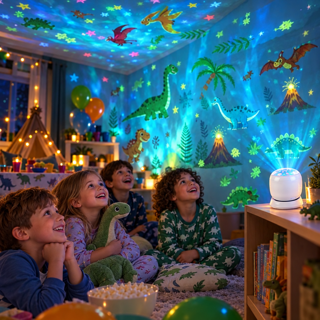 Dinosaur projection light projecting dinosaurs at a kids' party