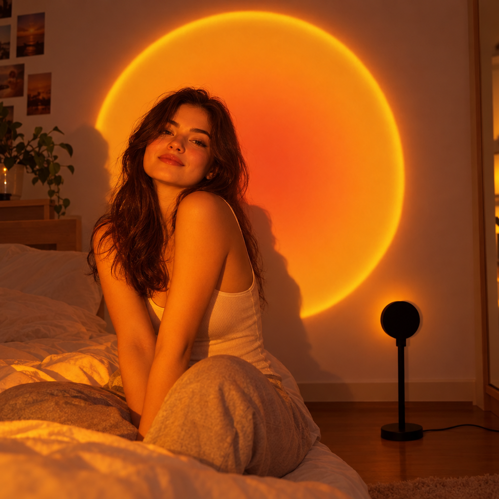Sunset projection lamp casting a warm sunset glow on a bedroom wall