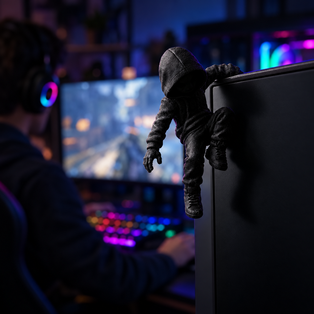Hooded climber figurine hanging on a gaming monitor