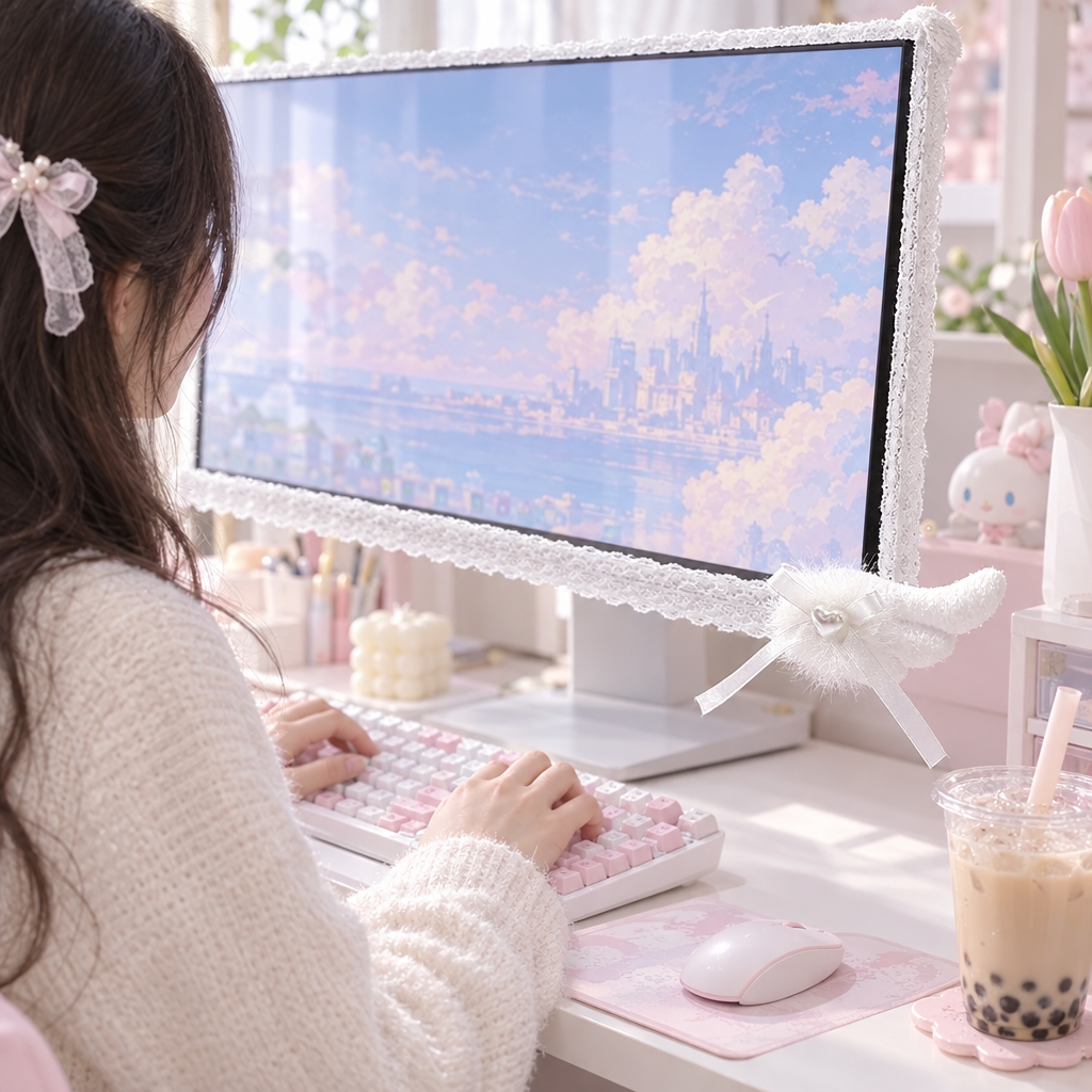 Lace angel wing monitor trim on a pastel desk setup