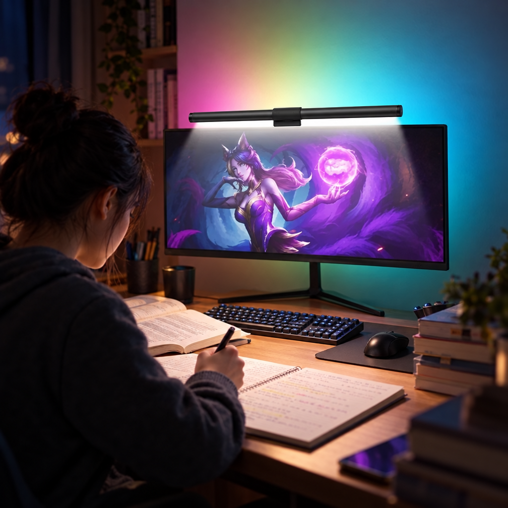 44cm RGB monitor light bar lighting a study desk at night