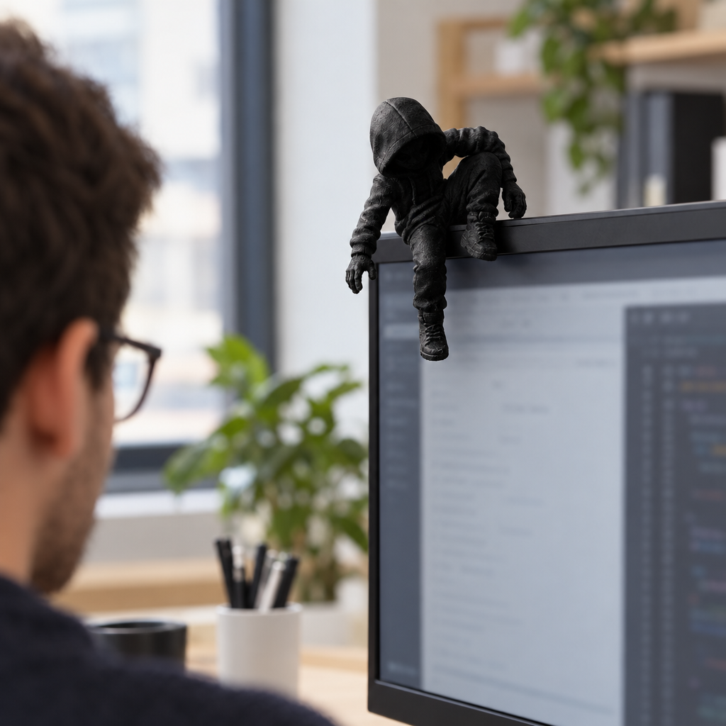 Hooded climbing figure perched on an office monitor