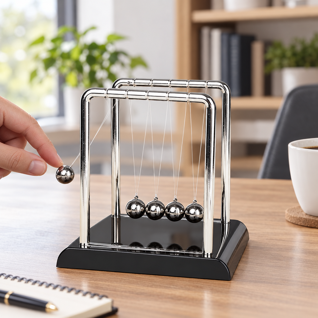 Newton's cradle swinging on a home office desk