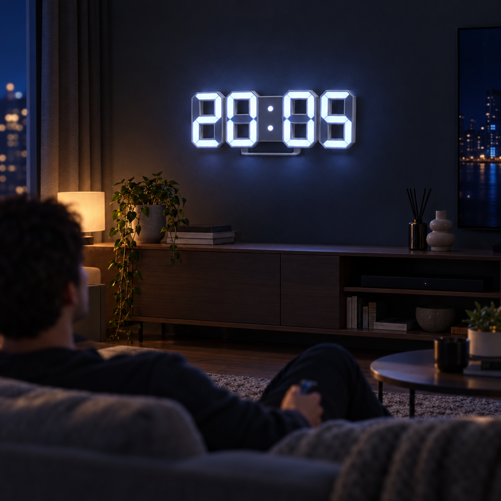 3D LED digital wall clock glowing in a living room at night