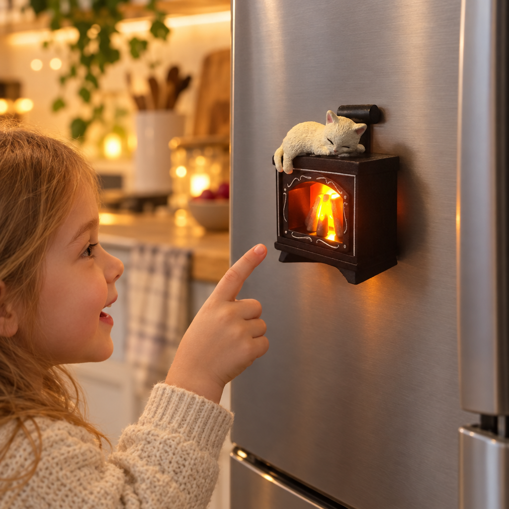 Mini cat fireplace magnet glowing on a fridge door