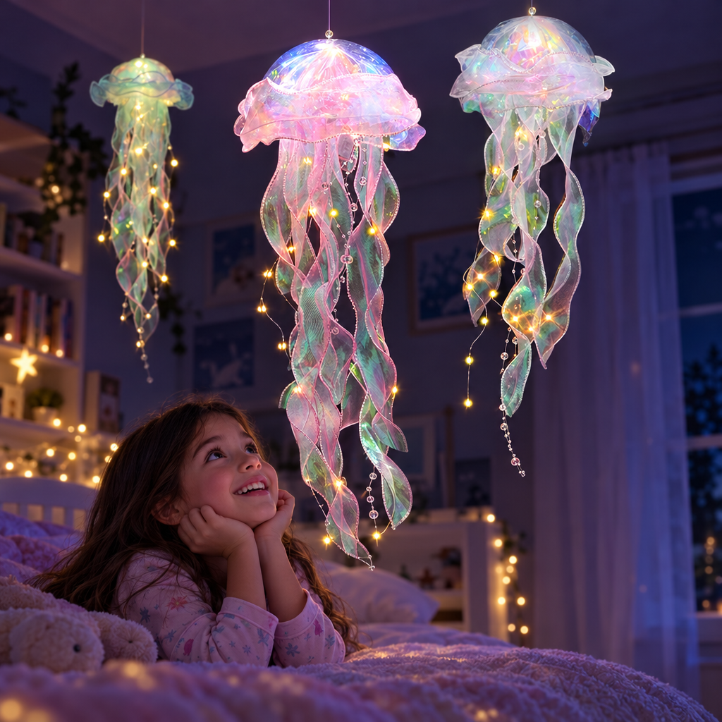 Jellyfish night lights hanging over a girl's bed