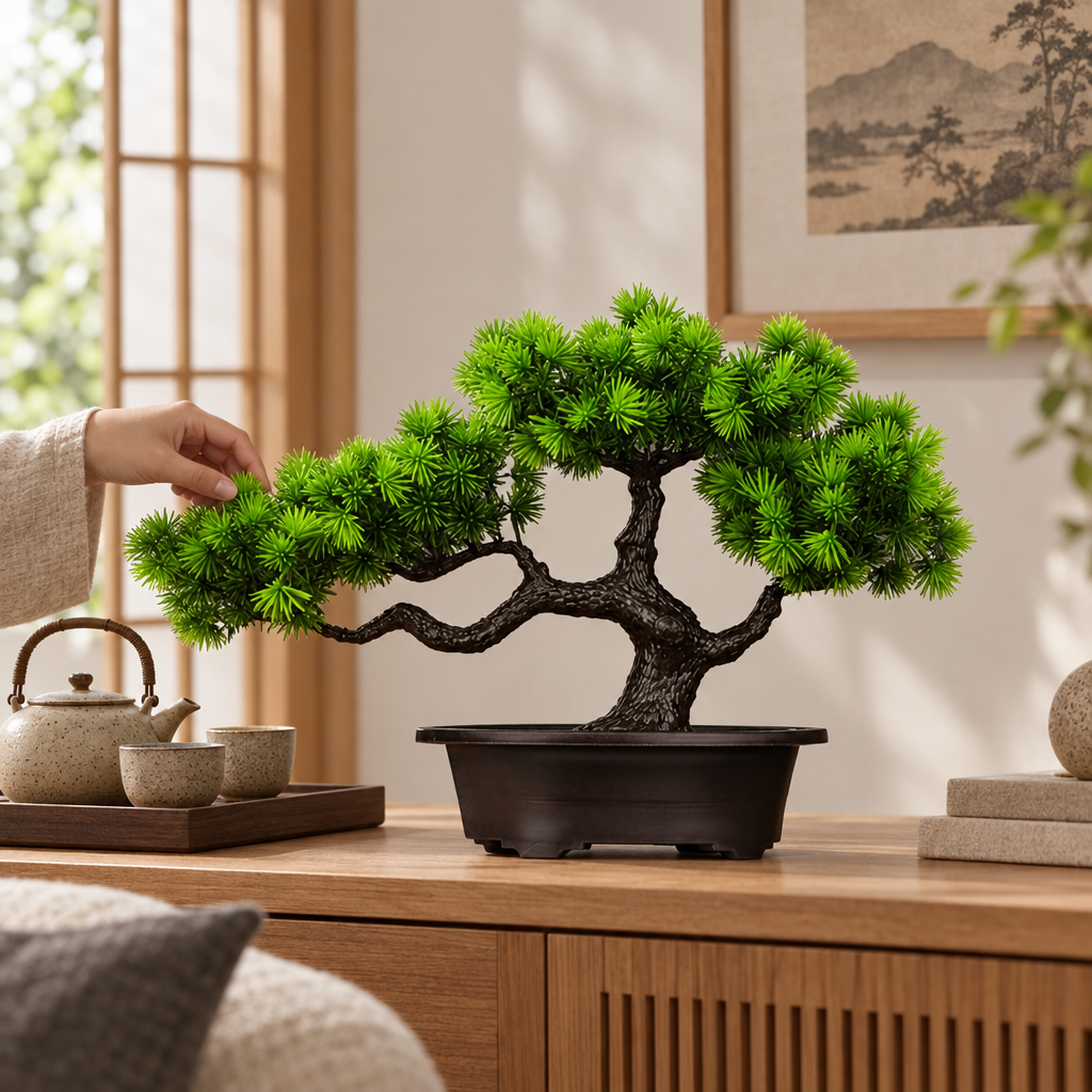 Artificial pine bonsai on a console table in a Japandi living room