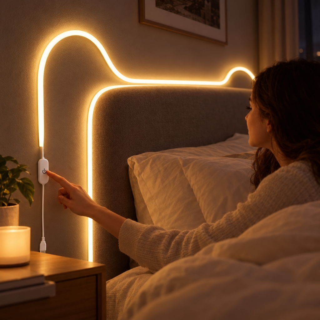 Neon LED strip glowing along a bedroom headboard