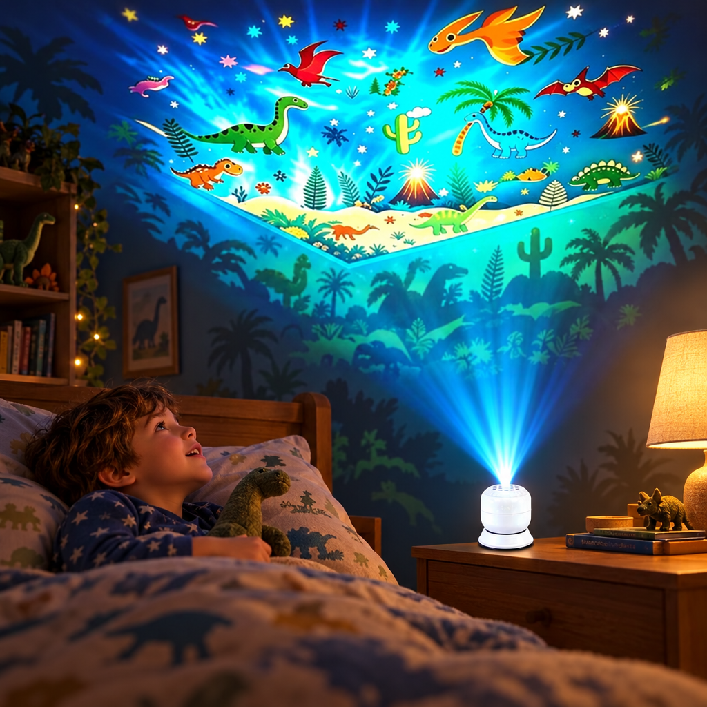 Dinosaur projection night light in use in a child's bedroom at night