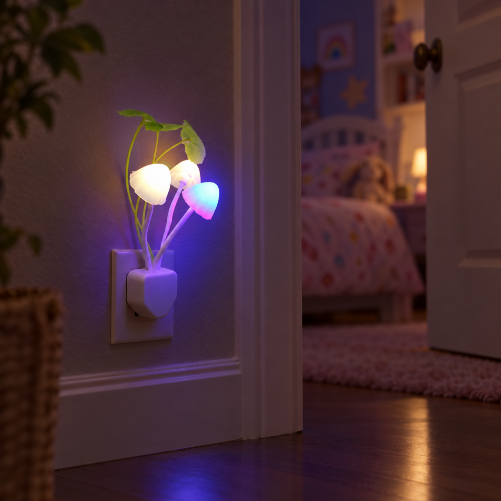 Mushroom night light glowing in a hallway outlet at night