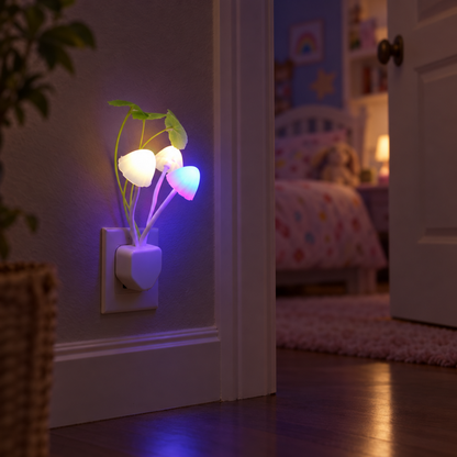 Mushroom night light glowing in a hallway outlet at night