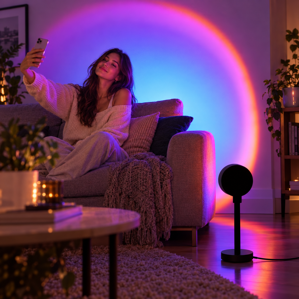 Rainbow projection lamp casting a rainbow glow in a living room