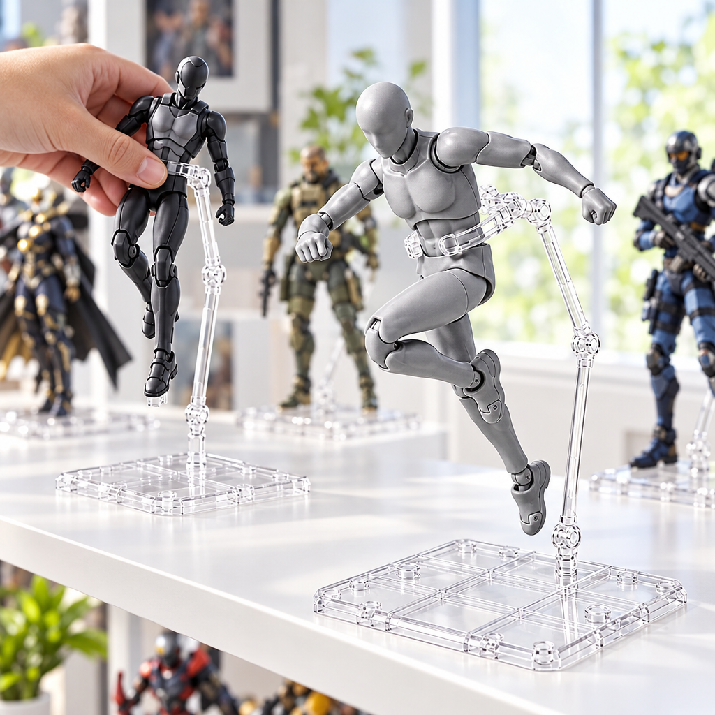 Clear acrylic figure stands displaying collectibles on a shelf