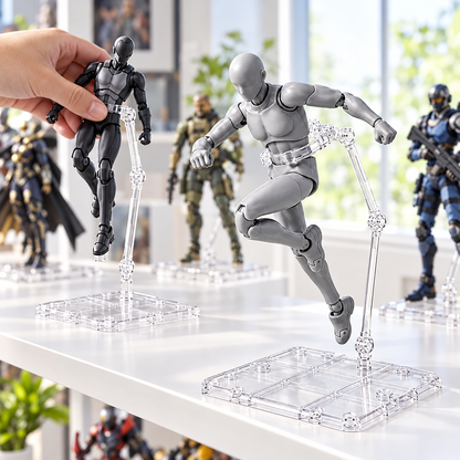 Clear acrylic figure stands displaying collectibles on a shelf