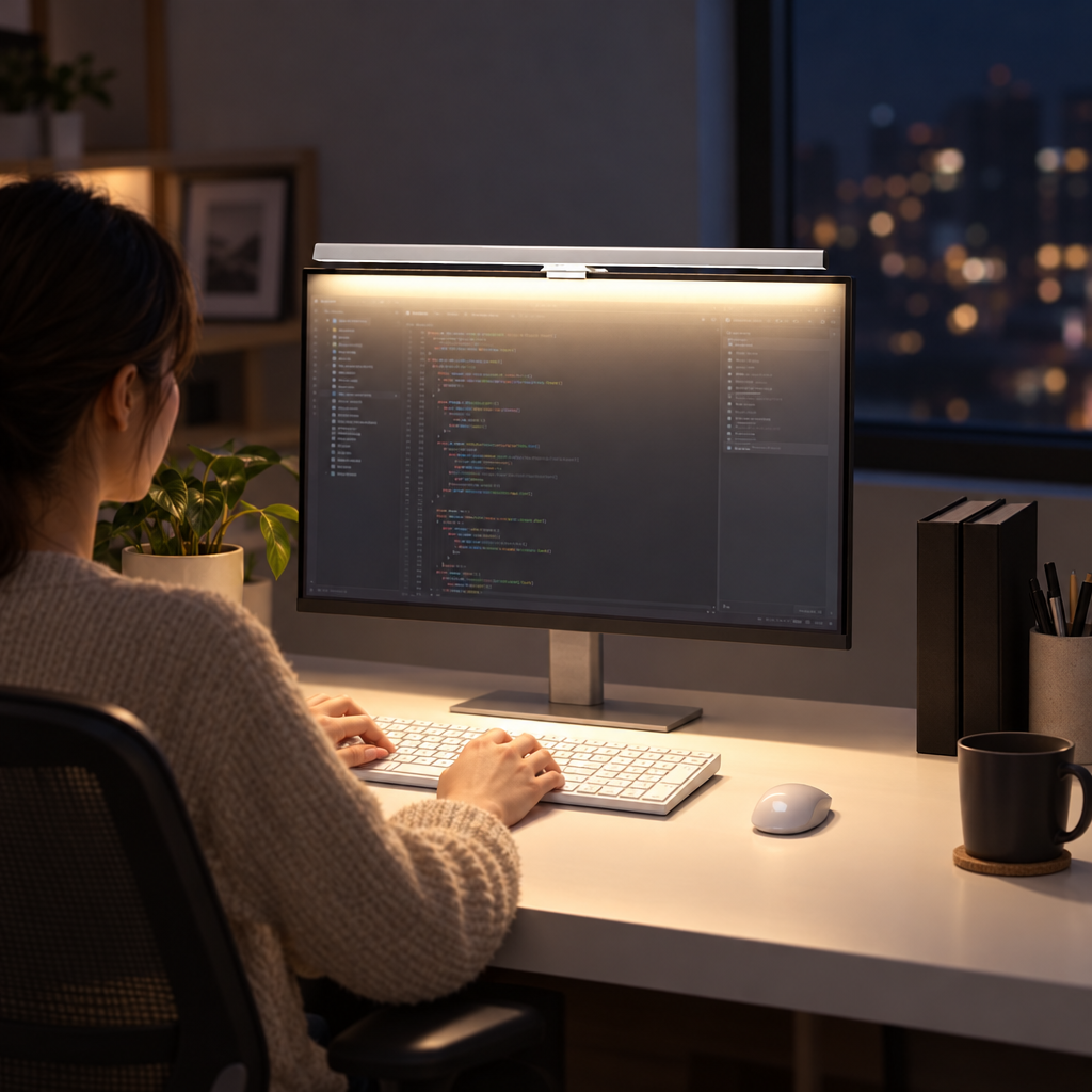 Monitor light bar illuminating a home office desk at night