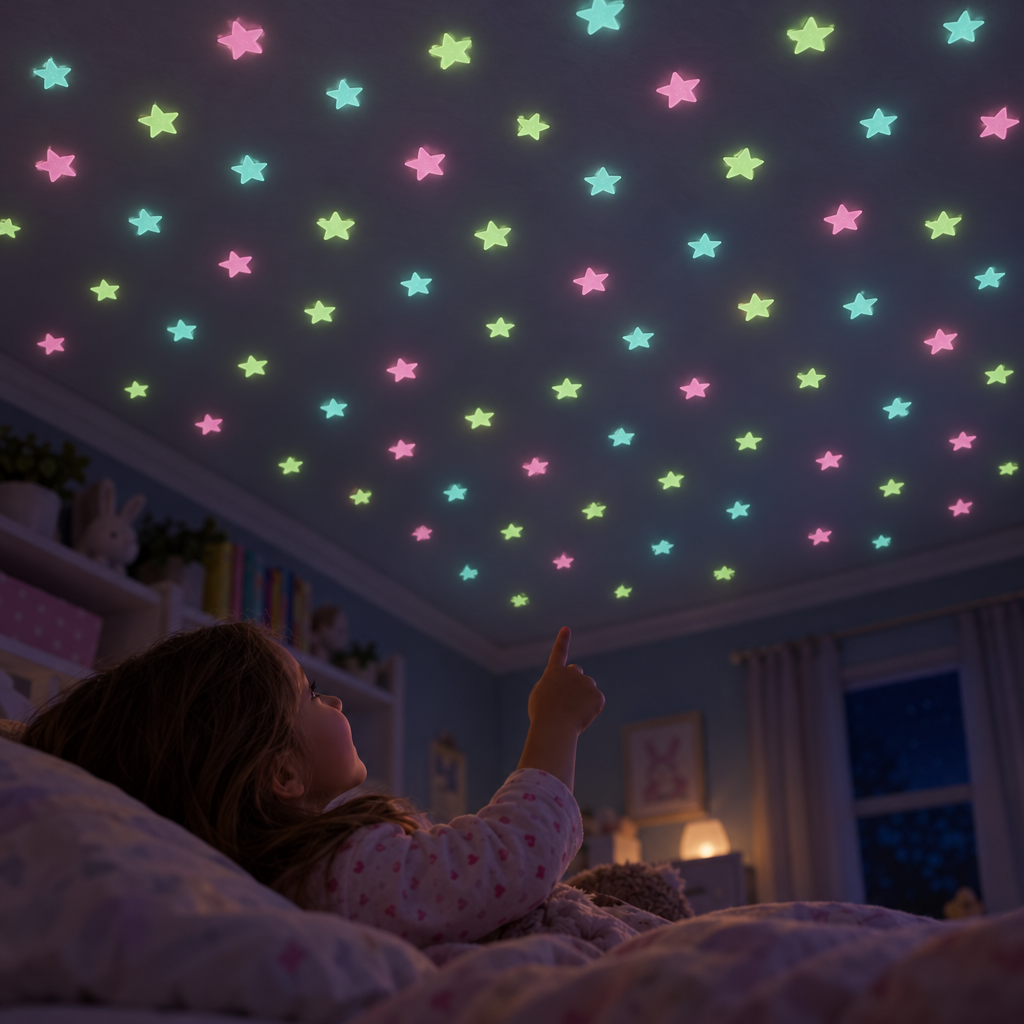 Glow-in-the-dark star stickers glowing on a bedroom ceiling