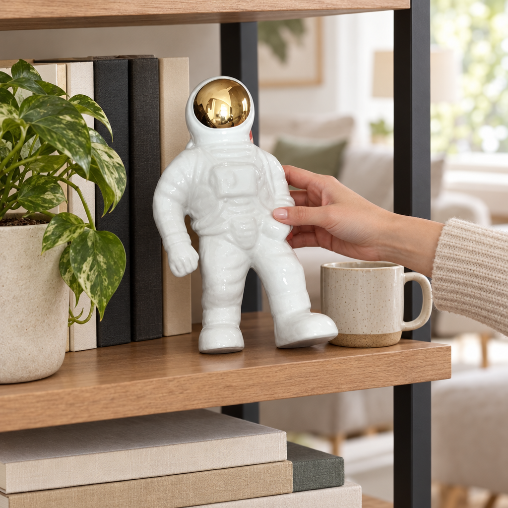 Ceramic astronaut sculpture styled on a living room bookshelf