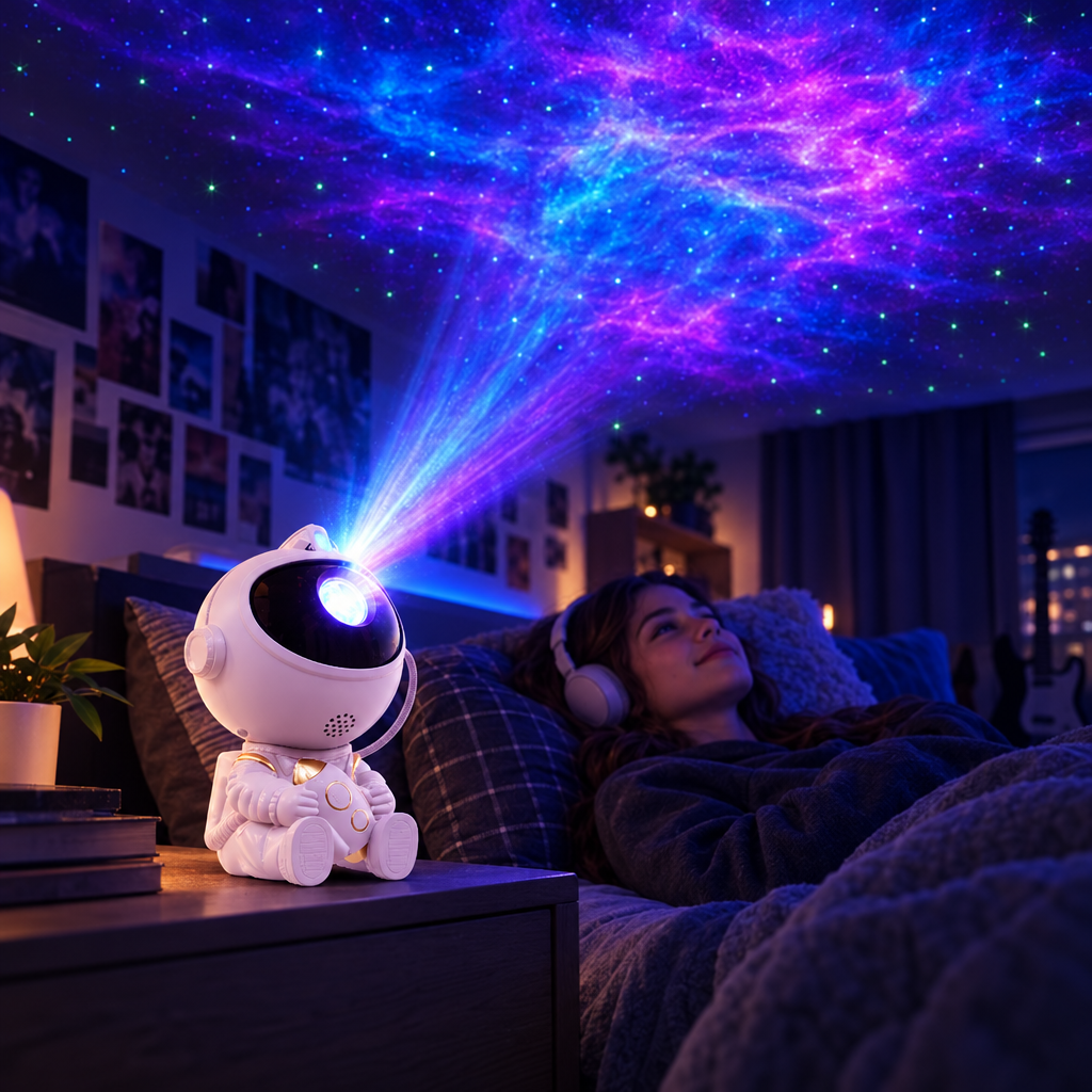 Astronaut galaxy projector casting a nebula on a bedroom ceiling
