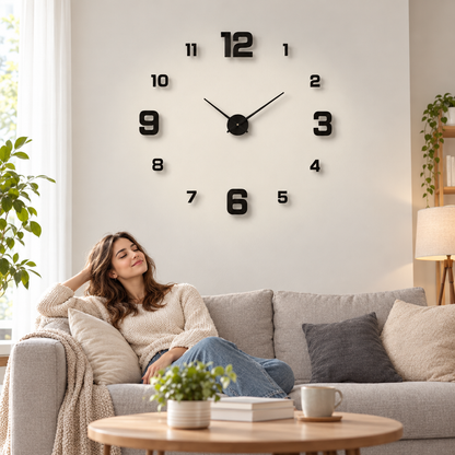 Frameless DIY wall clock above a sofa in a living room