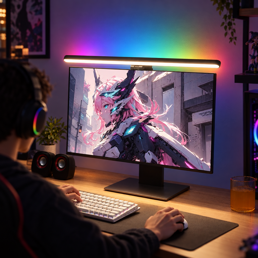RGB monitor light bar in a gaming room at night