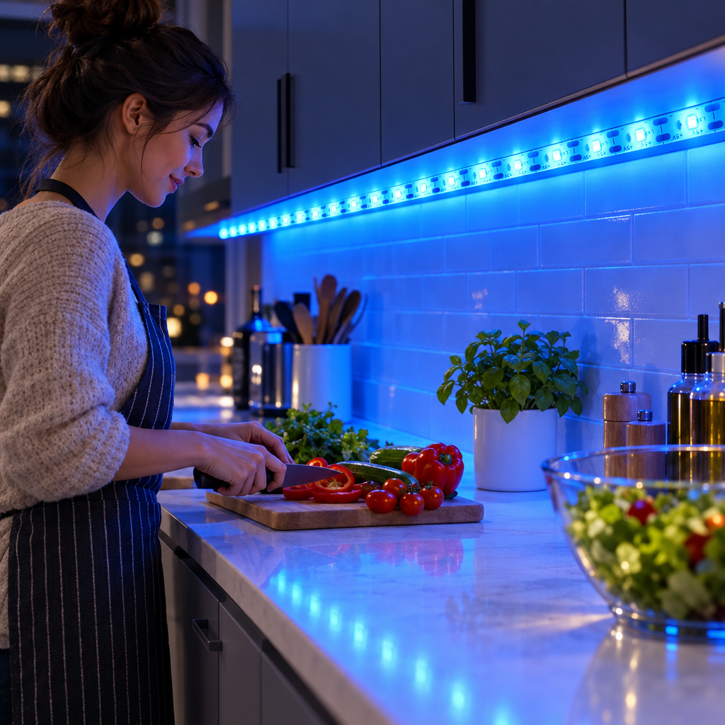USB LED tape light lighting a kitchen countertop under cabinets