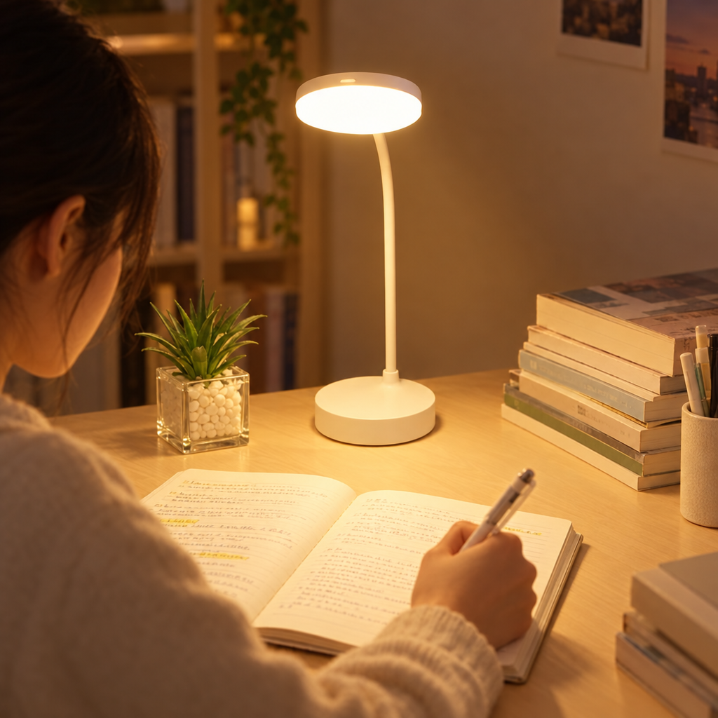 LED desk lamp lighting a student's study desk at night