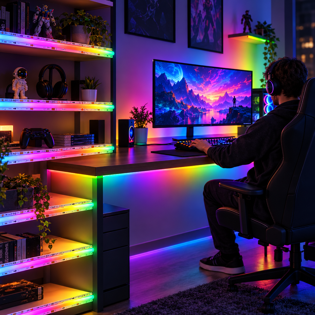 Addressable COB RGB LED strip glowing in a gaming room