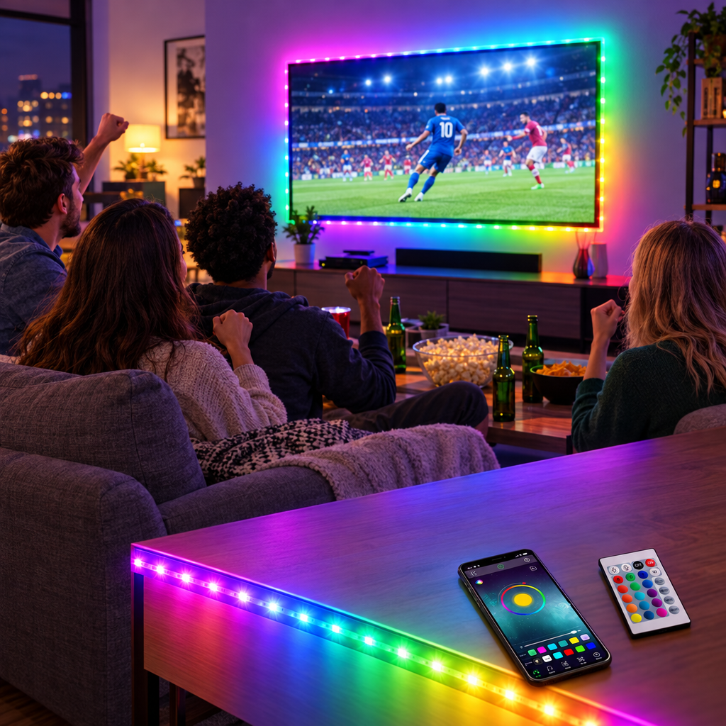 Bluetooth RGB LED strip glowing behind a TV during game night