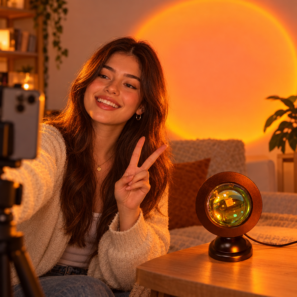 Sunset lamp projector creating a sunset glow for a selfie video