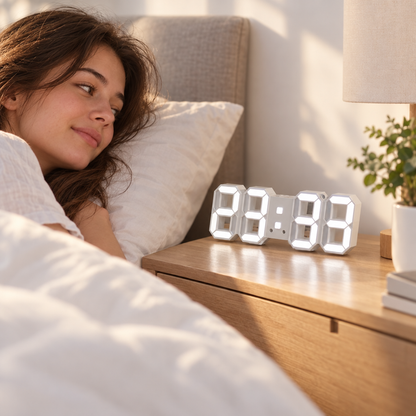 LED digital clock on a bedroom nightstand in the morning