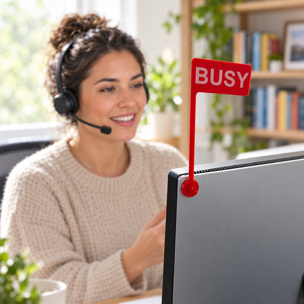 Busy flag sign raised on a monitor during a video call
