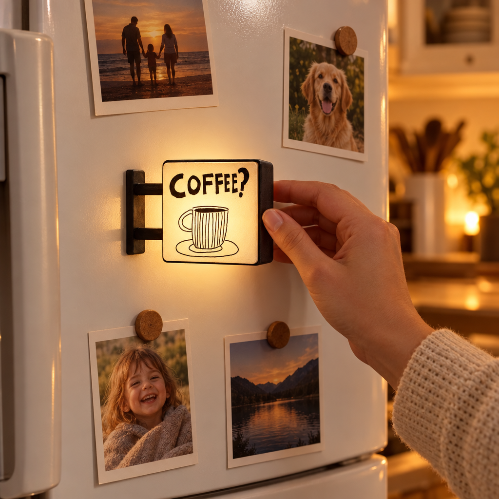 Mini lightbox magnet glowing on a kitchen fridge door