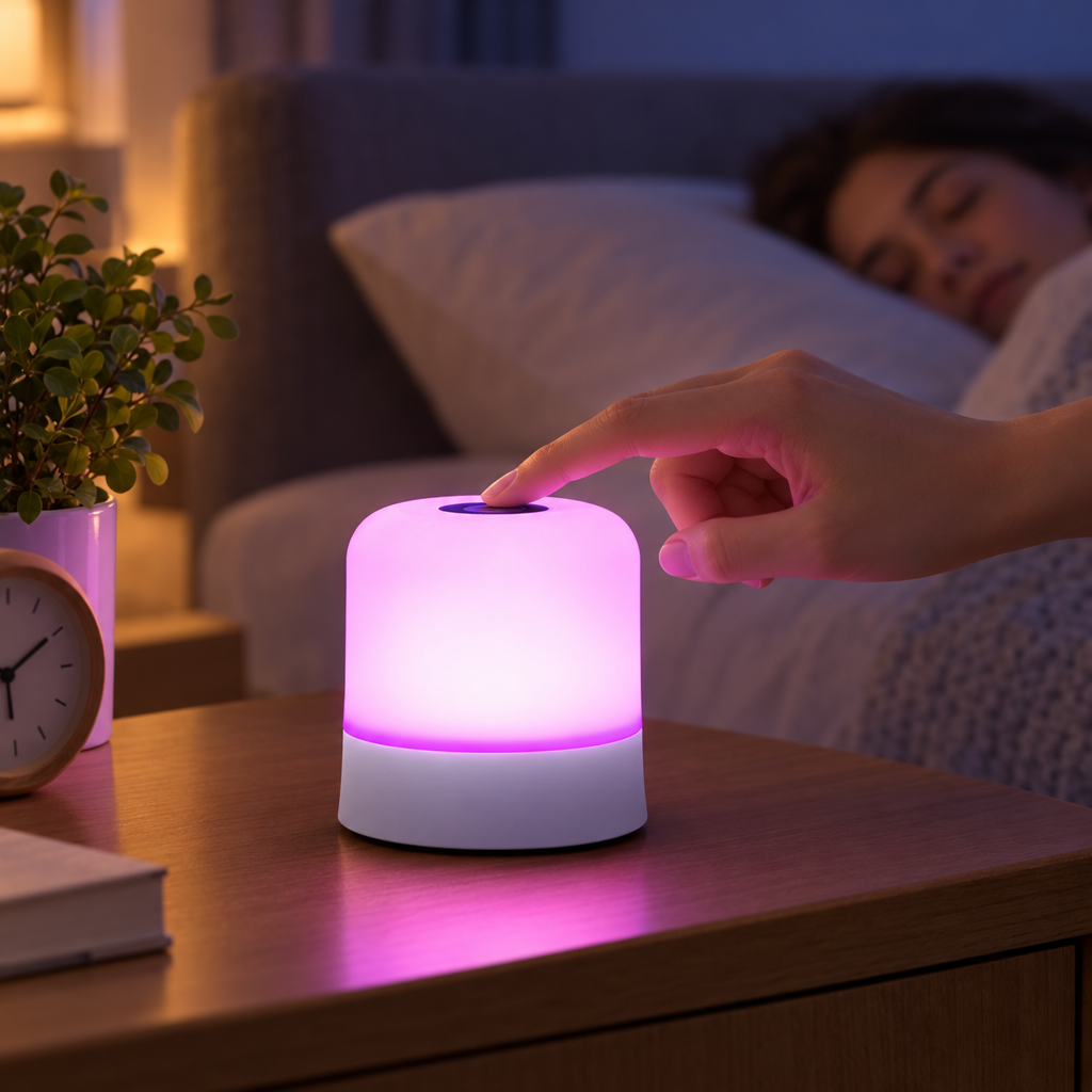 Touch night light glowing on a bedside table