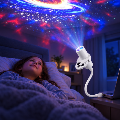 Flexible-neck star projector projecting a galaxy on a bedroom ceiling