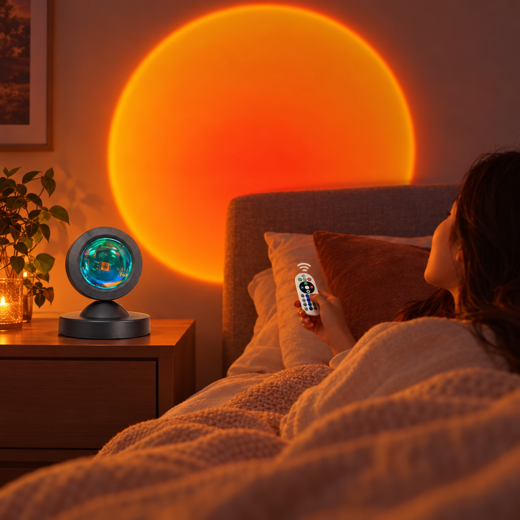 Remote-controlled sunset projection light glowing in a bedroom