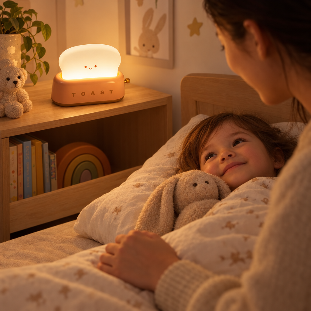 Cute cartoon night light glowing in a toddler's room at bedtime