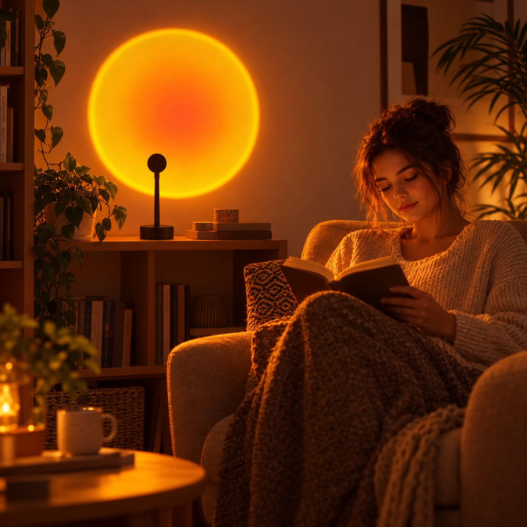 USB sunset light casting a golden glow behind a reading chair