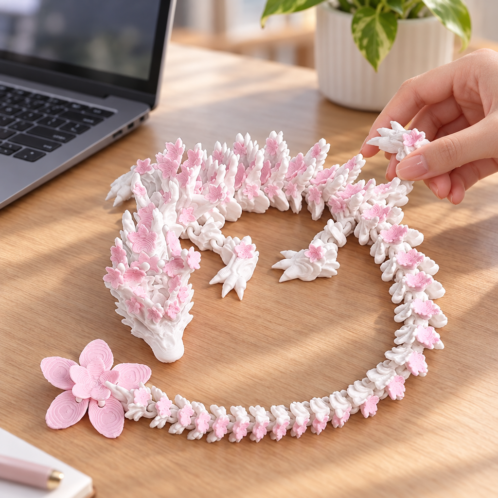 Articulated cherry blossom dragon displayed on an office desk