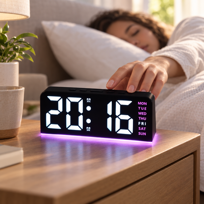 Crown LED alarm clock glowing on a nightstand in the morning