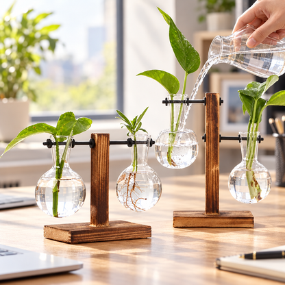 Hydroponic glass terrarium vase with plant cuttings on a sunny desk