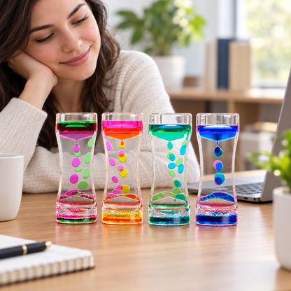 Liquid motion bubbler timers flowing on a work desk