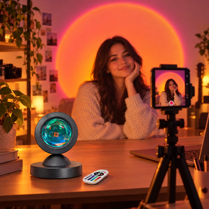 Sunset projection light creating a sunset backdrop in a home studio