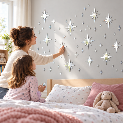 Acrylic star mirror stickers decorating a kids' bedroom wall