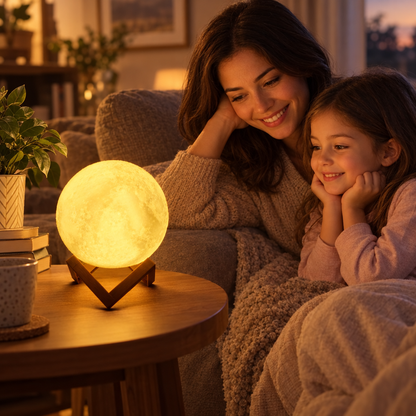 Moon lamp glowing on a living room side table at dusk