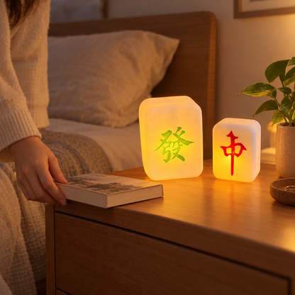 Mahjong tile night light glowing on a bedside table