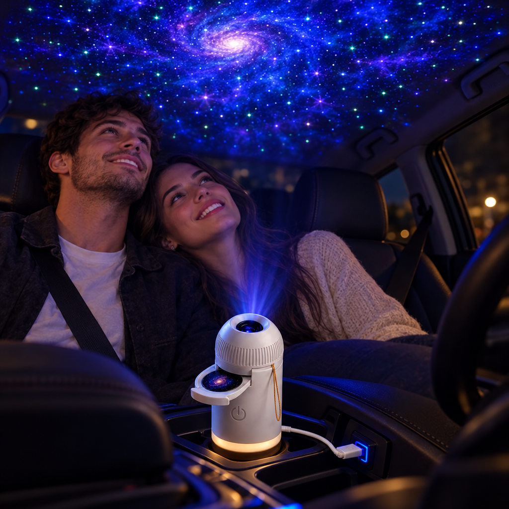USB starry sky projector lighting up a car interior roof at night
