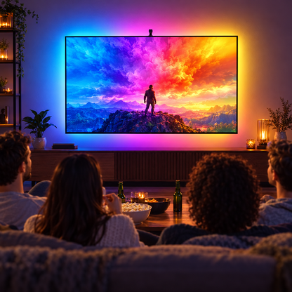 TV sync LED backlight glowing behind a TV during movie night